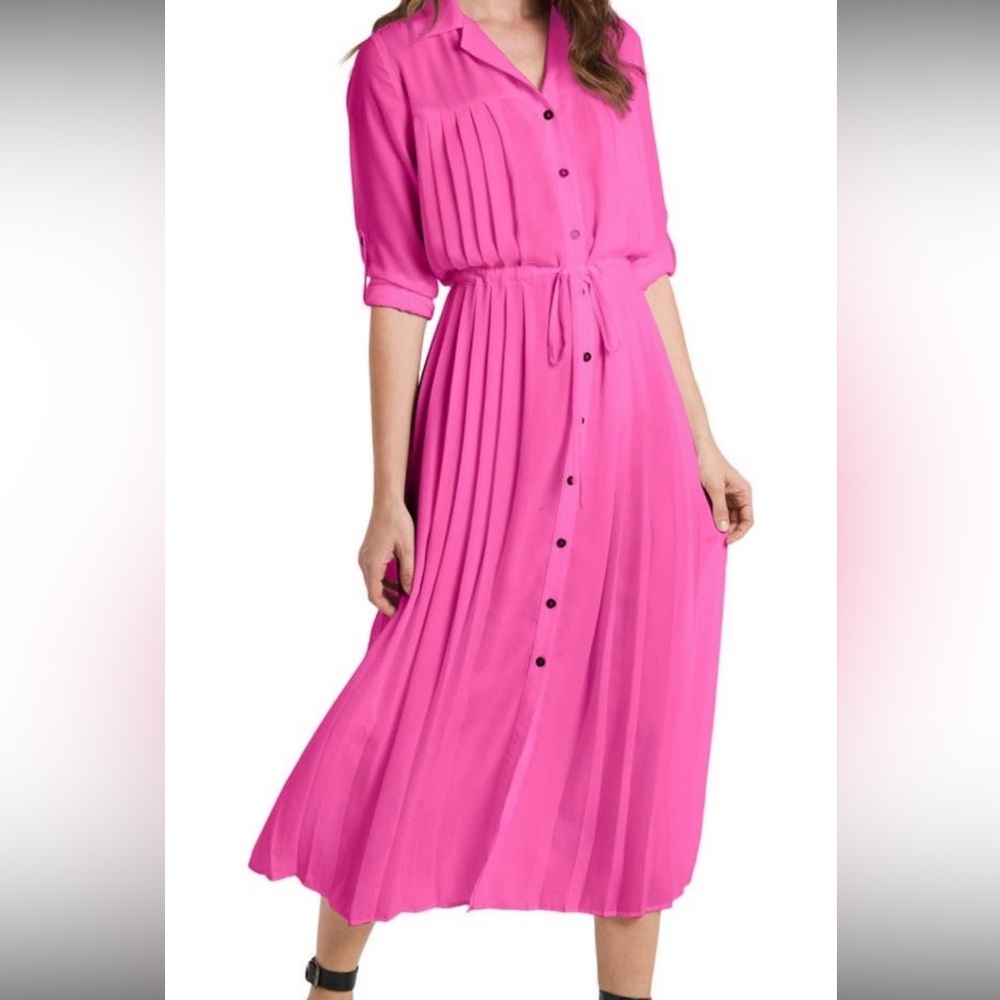Vince Camuto medium Pink Long Sleeve Dress pleated shirtdress new partial tag